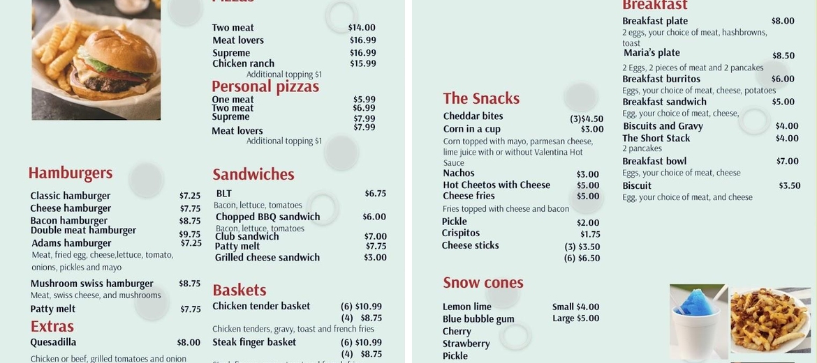 Snack Shack Menu